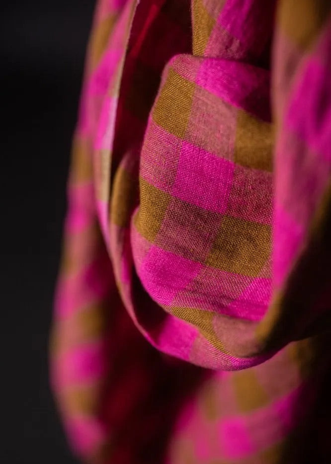 Rhubarb Toffee Check Laundered Linen Fabric