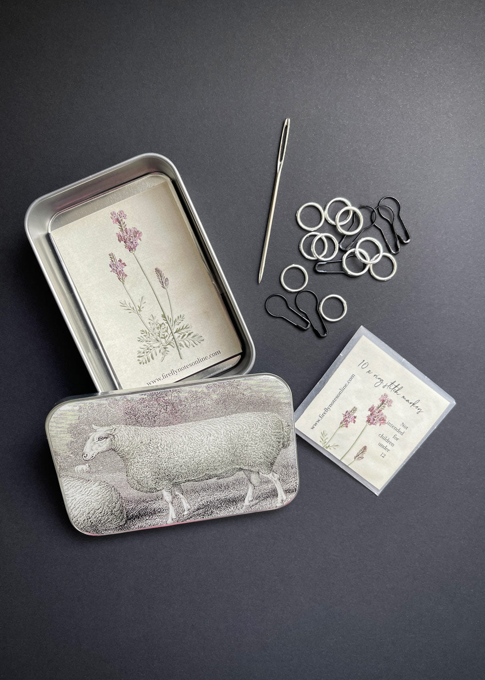 Sheep Notions Tin, Stitch Marker and Yarn Needle
