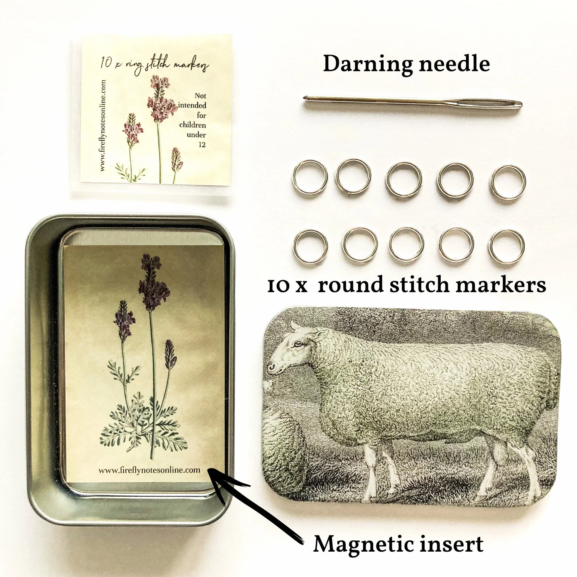 Sheep Notions Tin, Stitch Marker and Yarn Needle