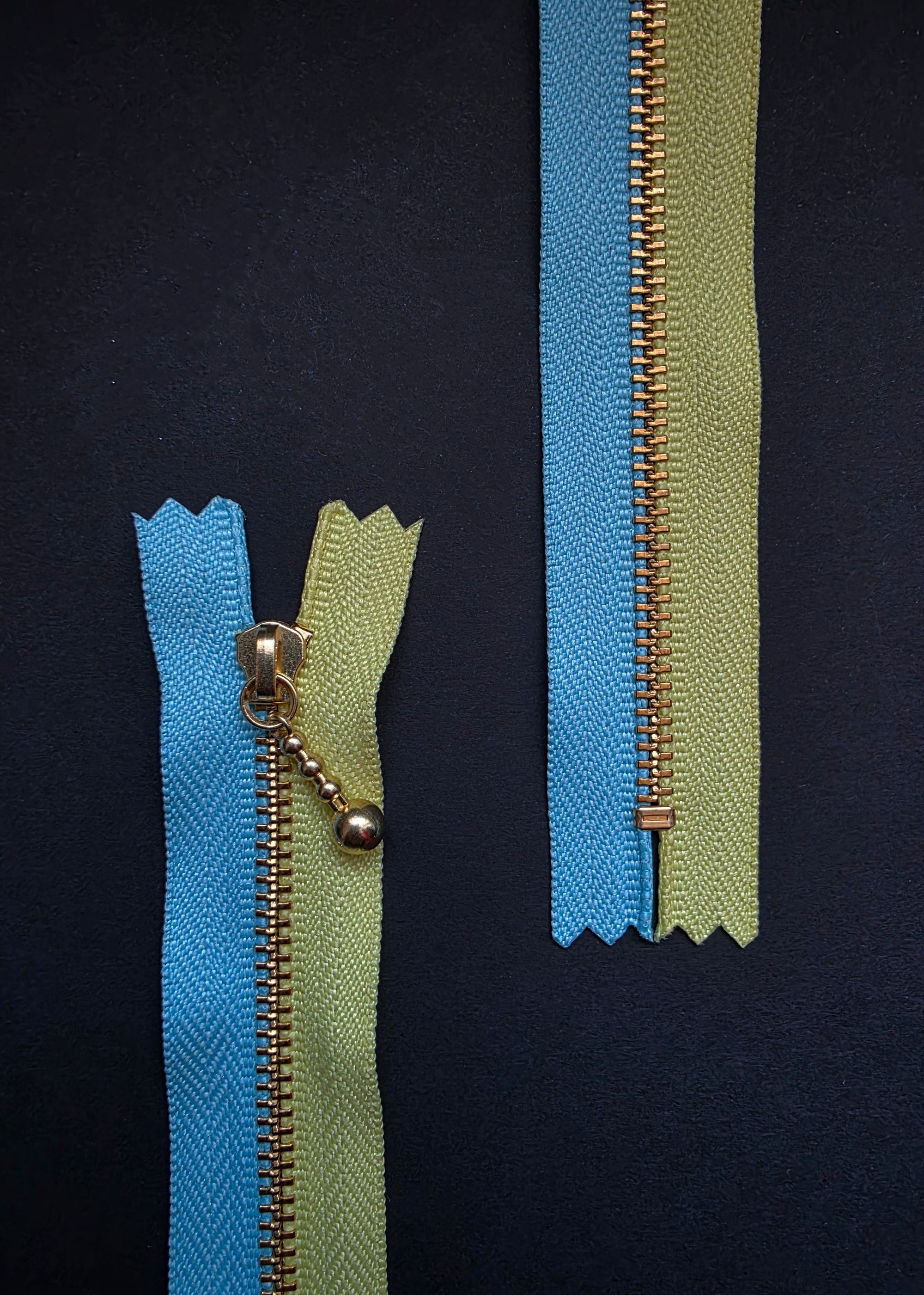 YKK Two Colour Brass Zip with Ball Pull, Lemon + Aqua