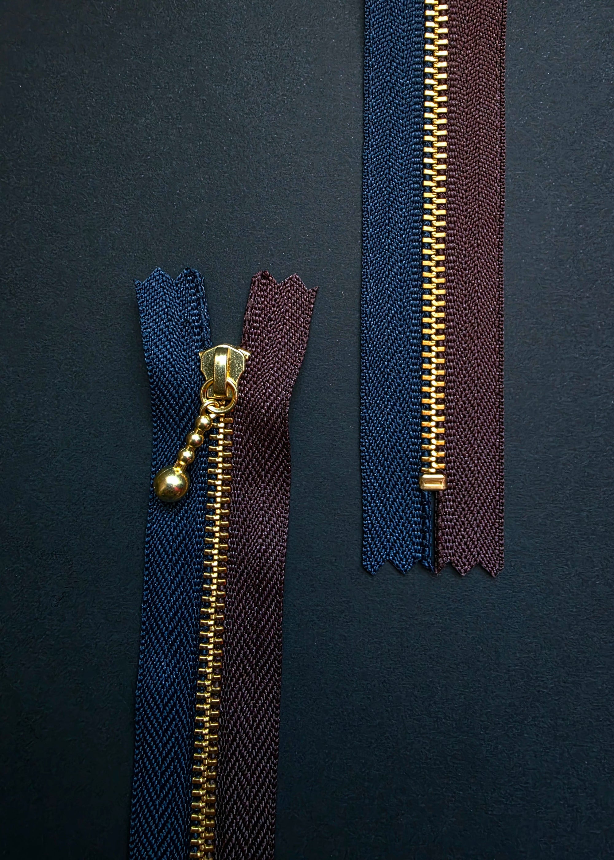 YKK Two Colour Brass Zip with Ball Pull, Navy + Chocolate