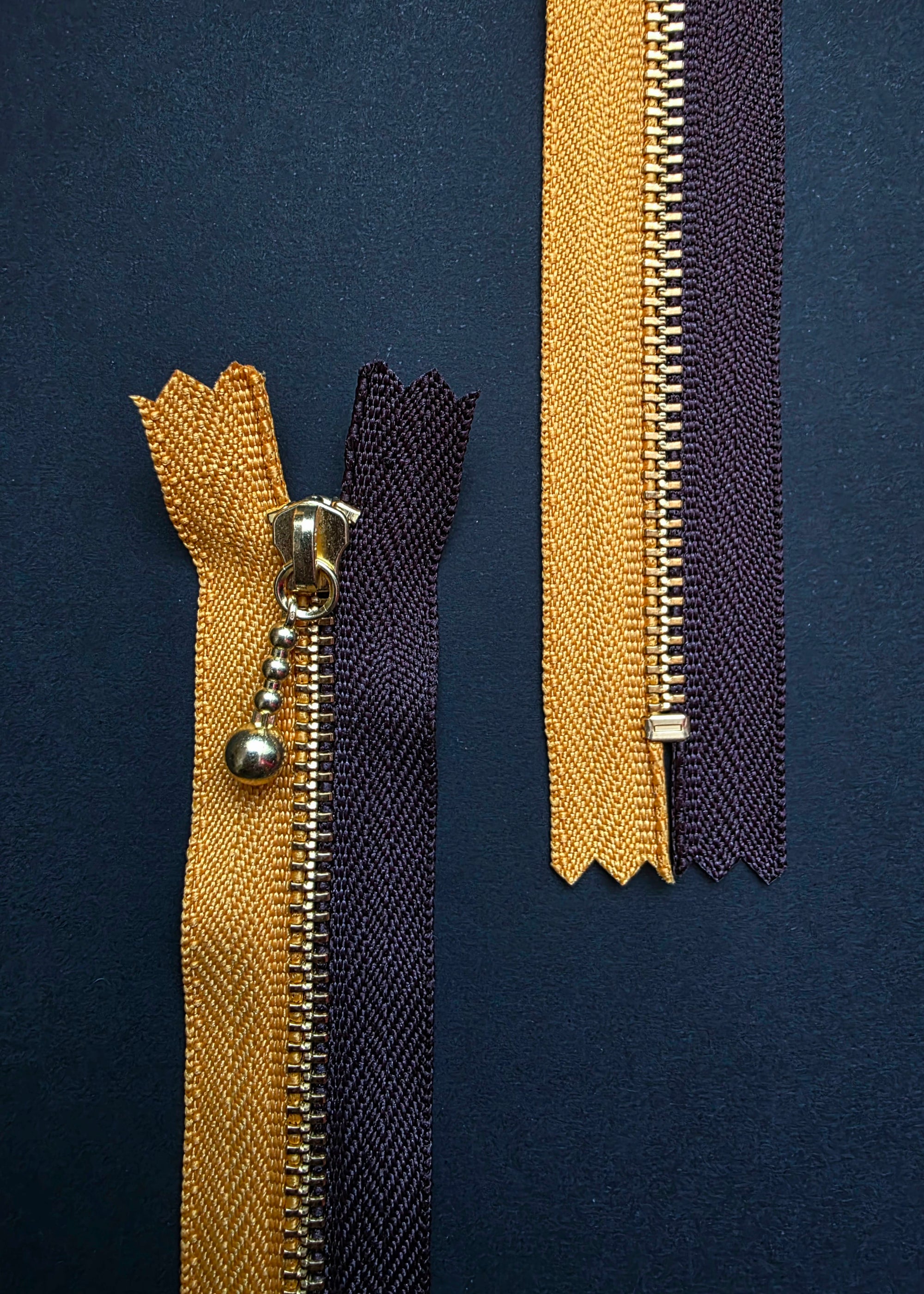YKK Two Colour Brass Zip with Ball Pull, Ochre + Chocolate. 16cm