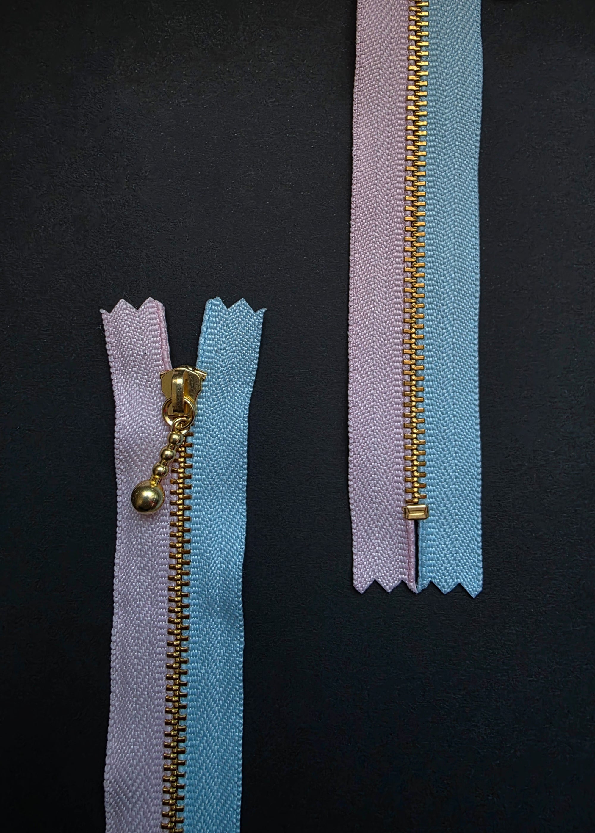 YKK Two Colour Brass Zip with Ball Pull, Powder Pink + Sky Blue