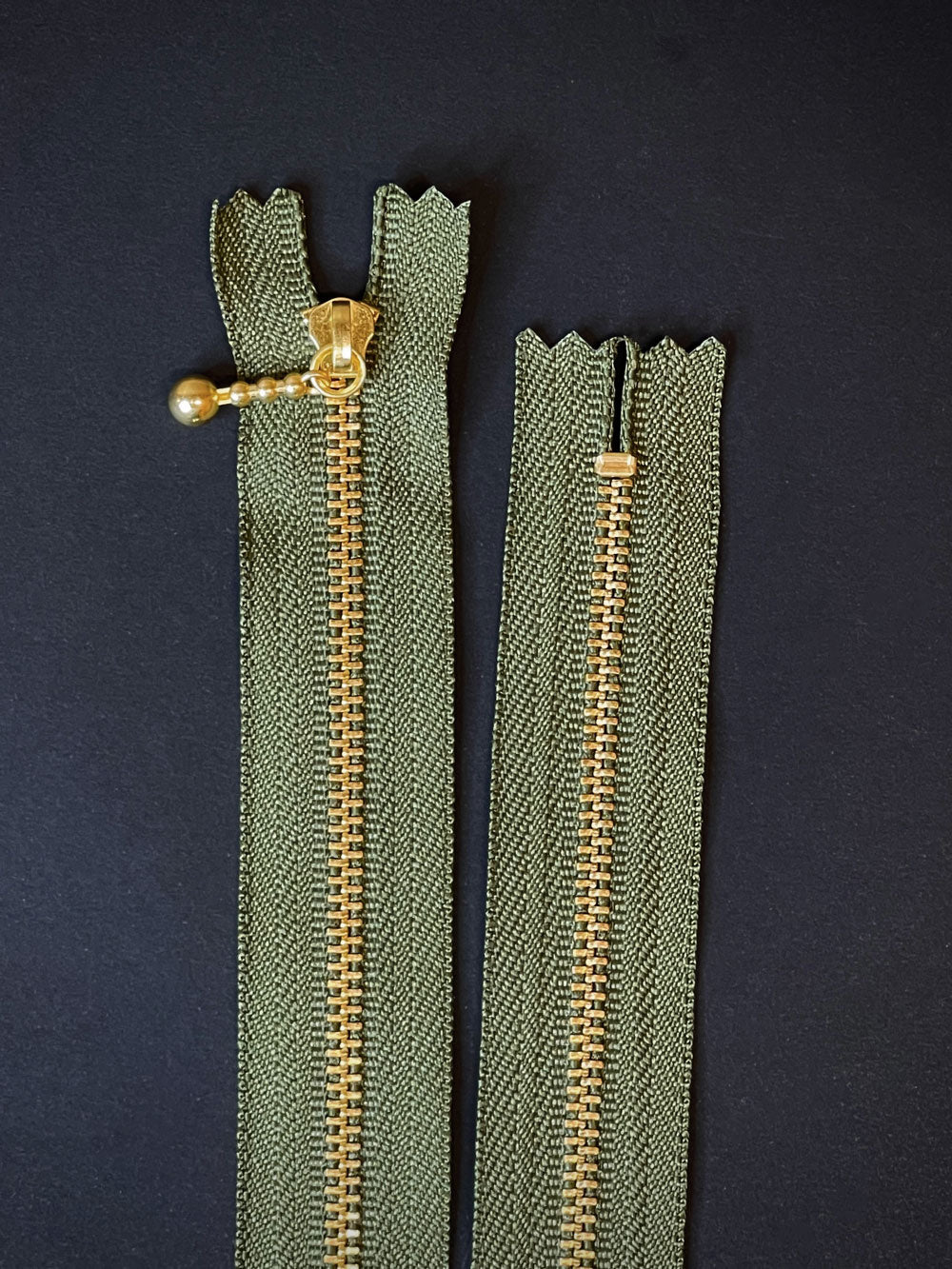 YKK Brass Zip with Ball Pull, Khaki Green – Miss Maude