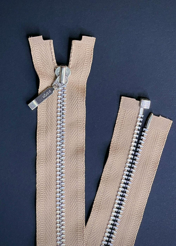 YKK, Open Ended Zip Drop Pull. Nickel. Jute. 80cm