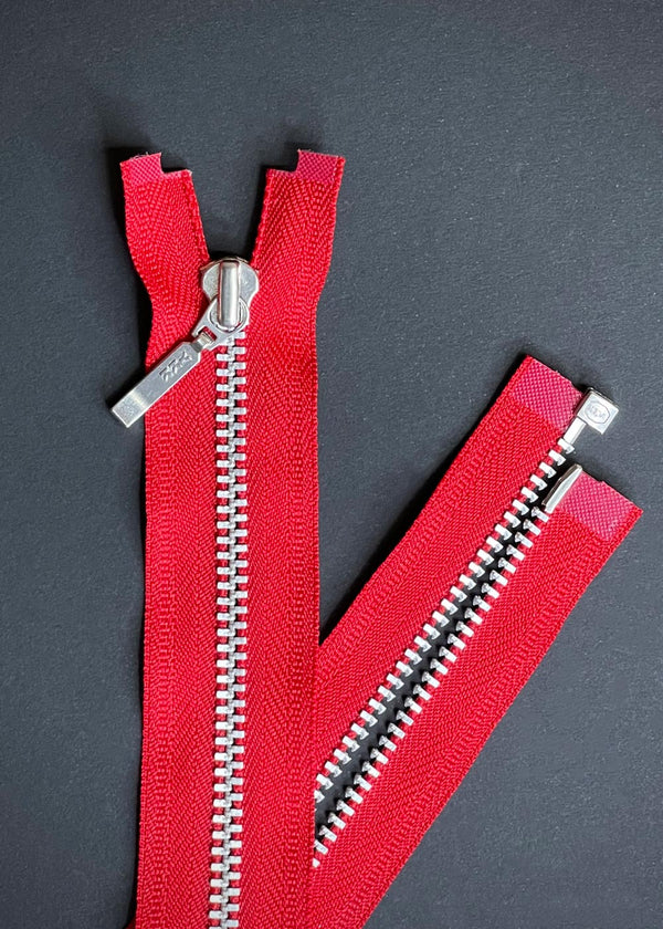 YKK, Open Ended Zip Drop Pull. Nickel. Bright Red