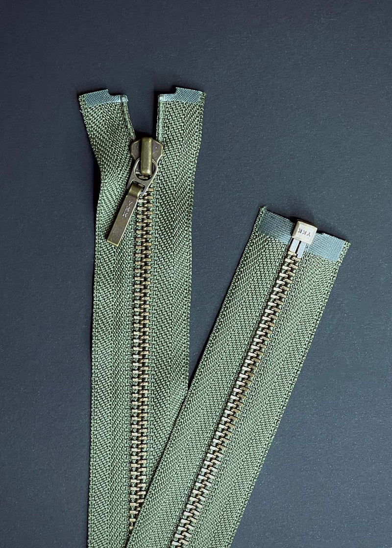 YKK, Open Ended Zip Drop Pull. Antique Brass. Fern Green. 60cm