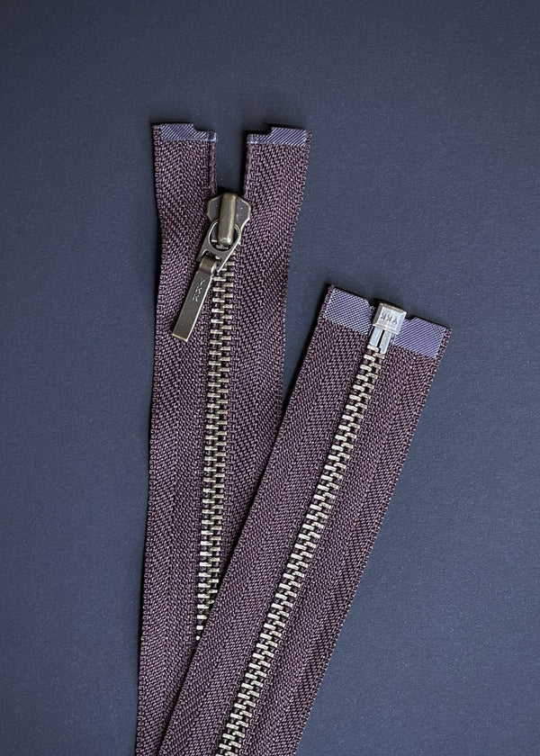 YKK, Open Ended Zip Drop Pull. Antique Brass. Dark Brown. 60cm