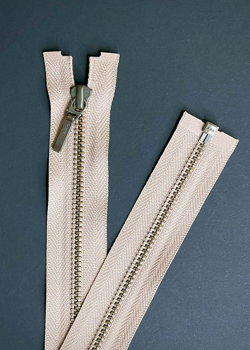 YKK, Open Ended Zip Drop Pull. Antique Brass. Jute. 60cm