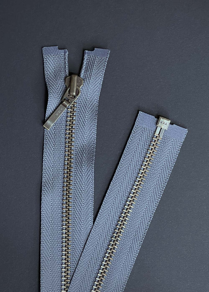 YKK, Open Ended Zip Drop Pull. Antique Brass. Mid Grey. 60cm