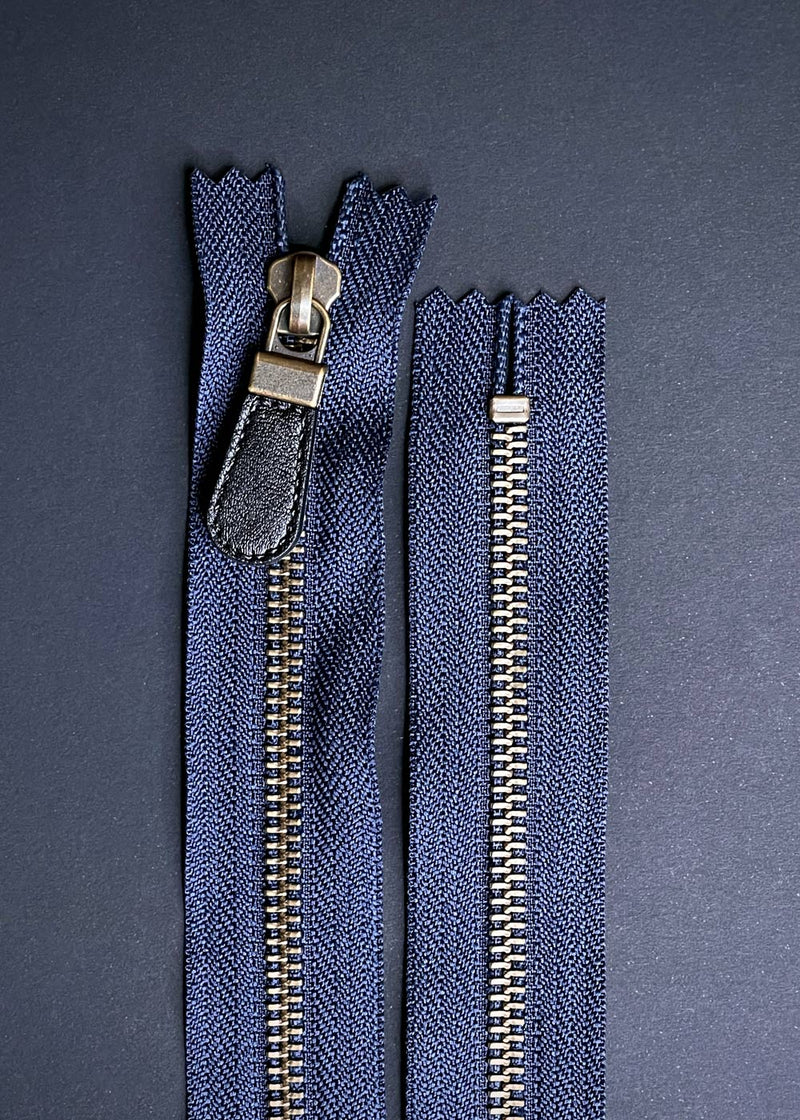 YKK Antique Brass Bag Zip with Leather Pull, Navy