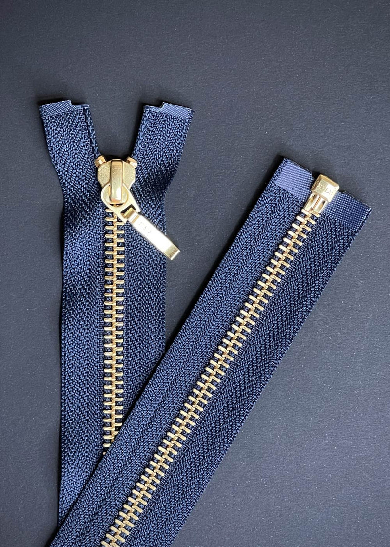 YKK, Open Ended Zip Drop Pull. Brass. Navy. 100cm