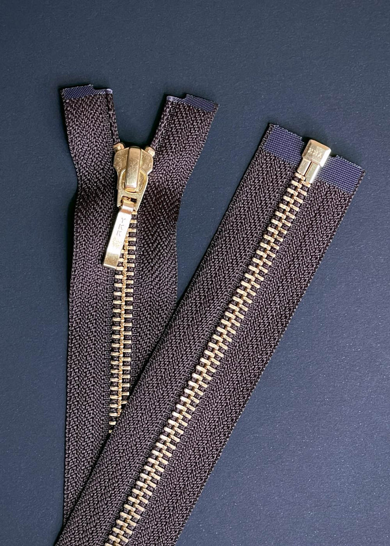 YKK, Open Ended Zip Drop Pull. Brass. Dark Brown. 100cm