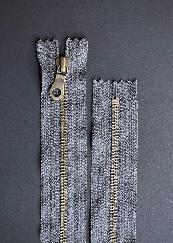 YKK Antique Brass Zip with Donut Pull, Charcoal Marl