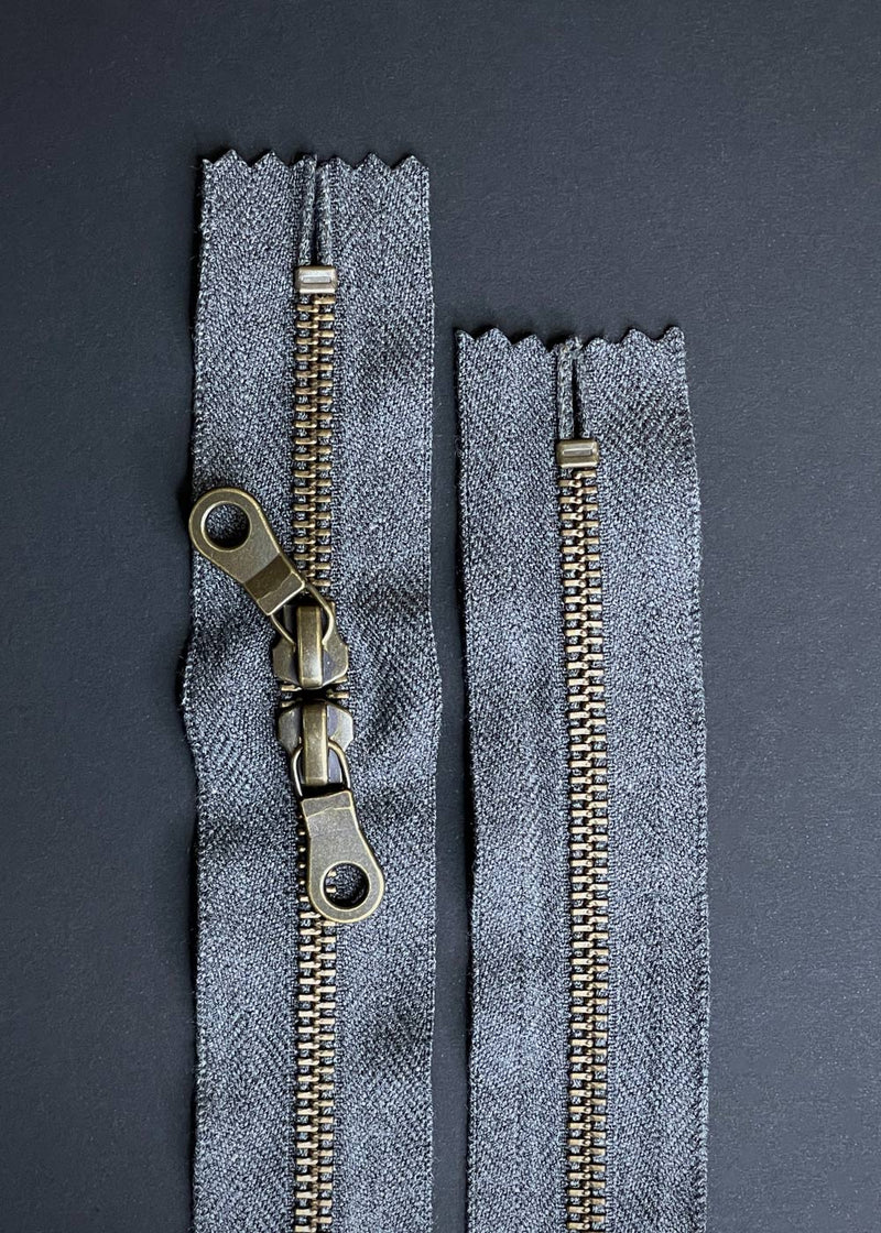 YKK Antique Brass Zip with Double Donut Pull, Charcoal Marl