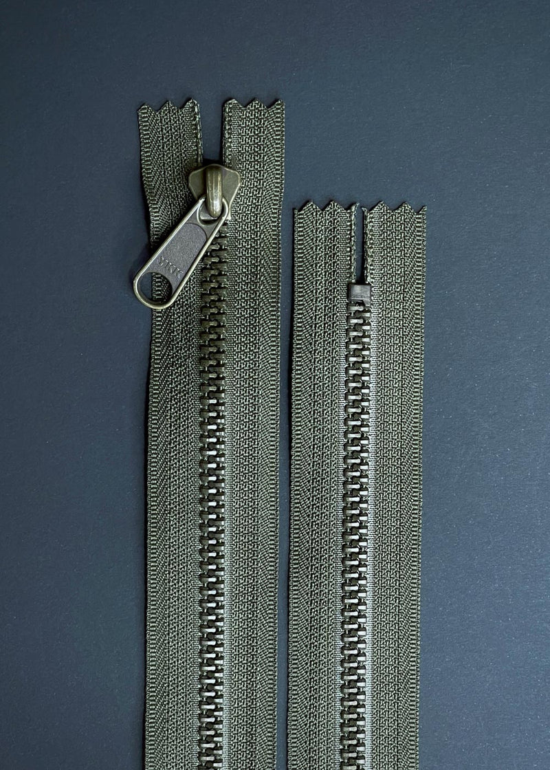 YKK Metaluxe Tough Zip, Antique Brass, Khaki Green. 20cm