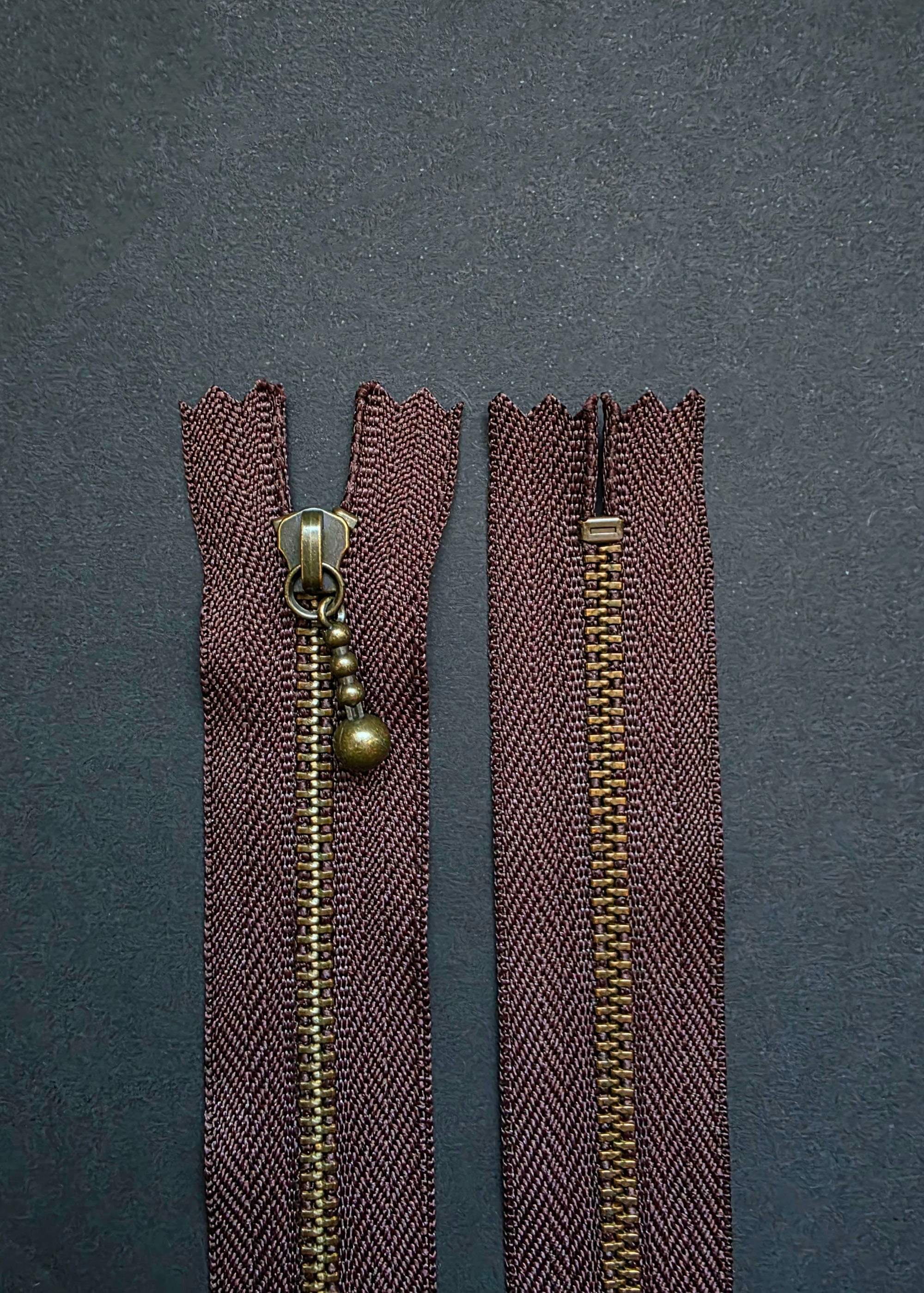 YKK Antique Brass Zip with Ball Pull, Dark Brown