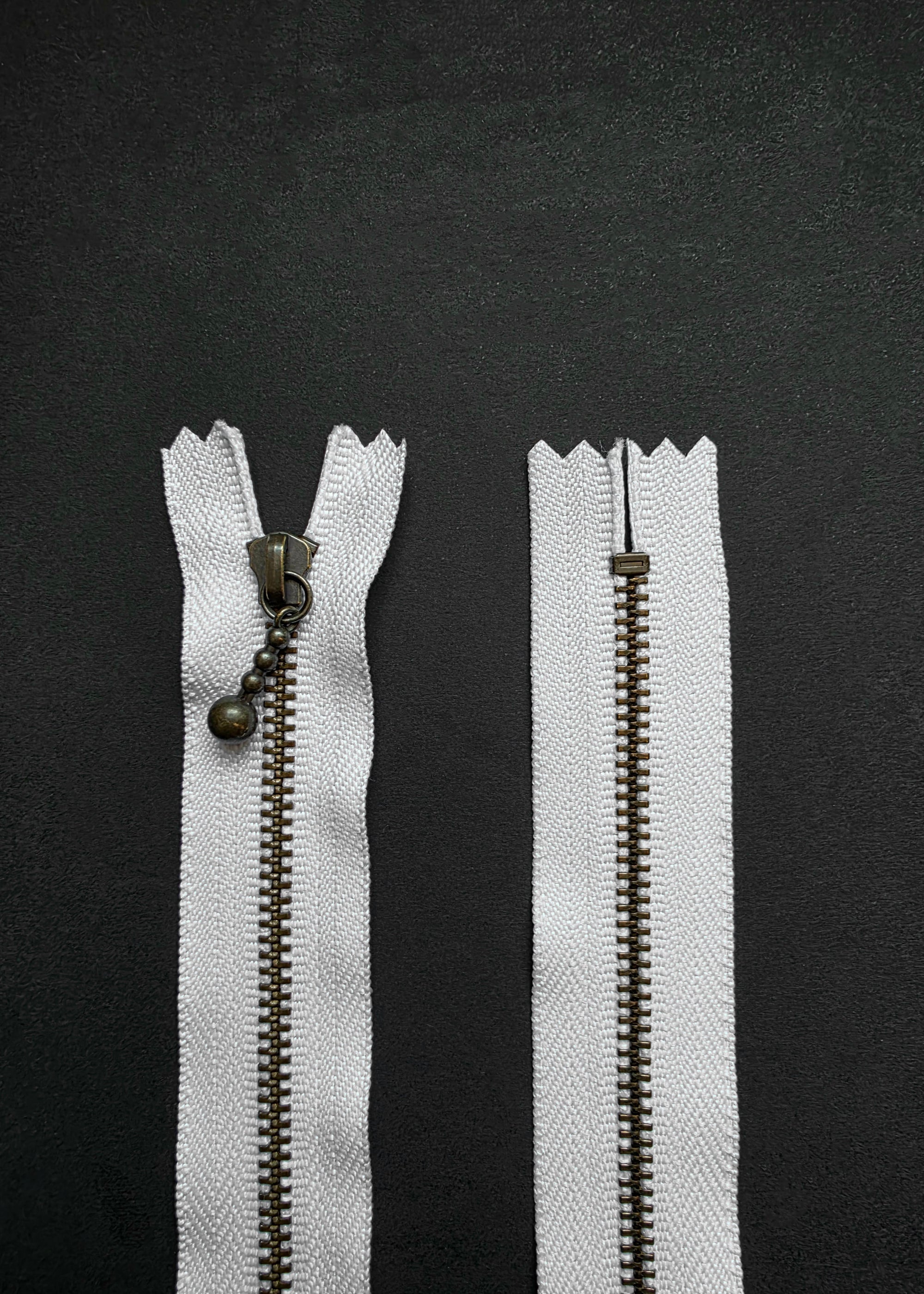 YKK Antique Brass Zip with Ball Pull, Bright White