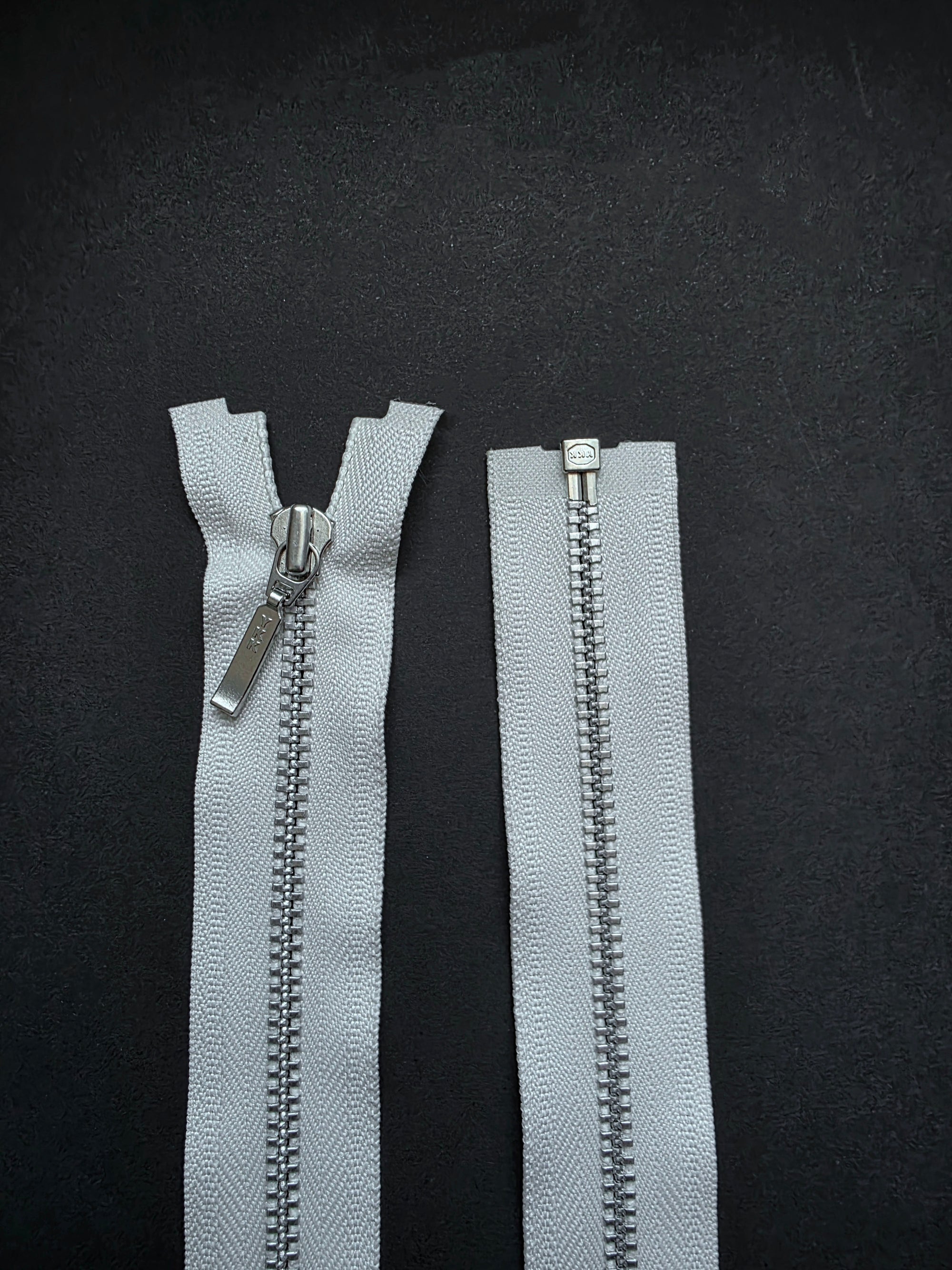 YKK, Open Ended Zip Drop Pull. Nickel. Off White. 80cm
