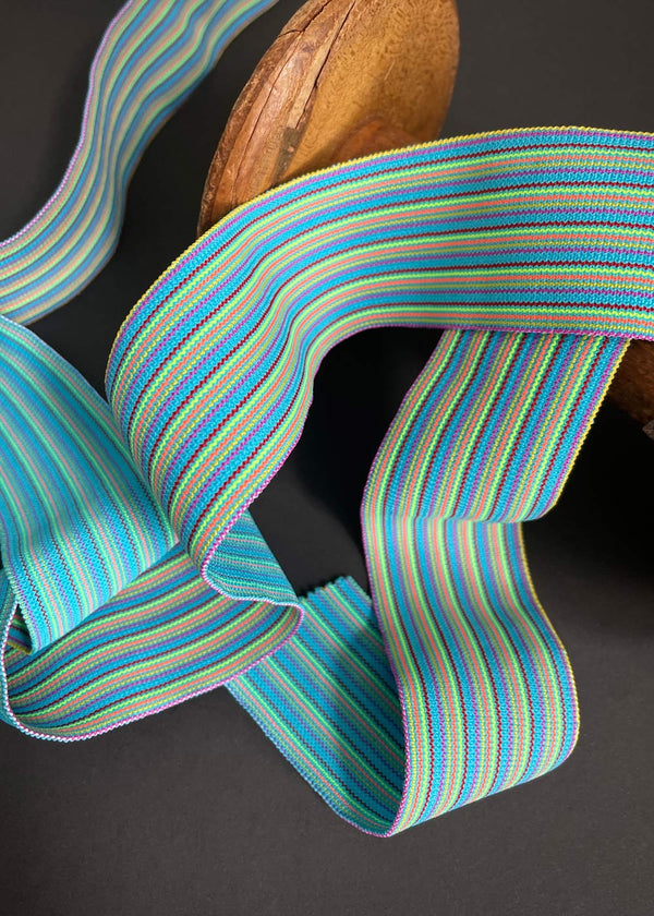 Striped Elastic, 50mm Wide Elastic - Tropicana Blues