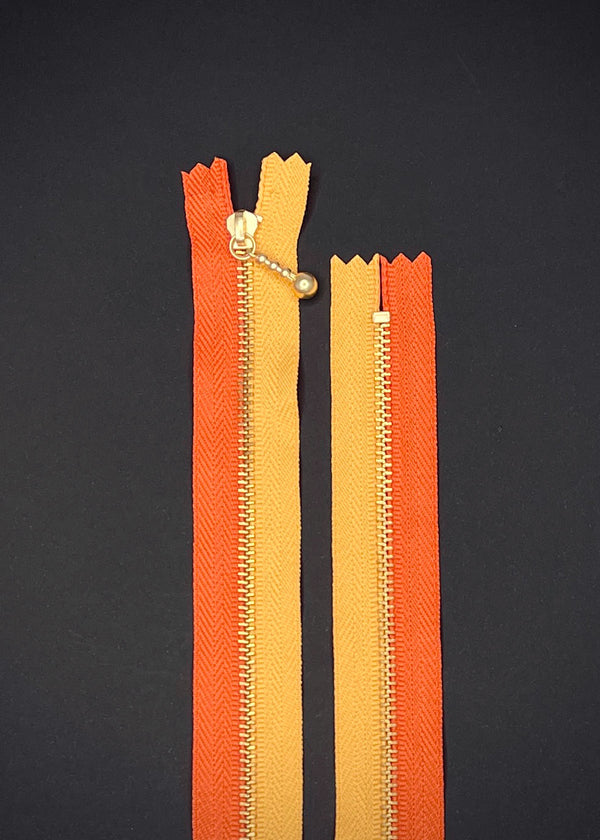 YKK Two Colour Brass Zip with Ball Pull, Tangerine + Orange