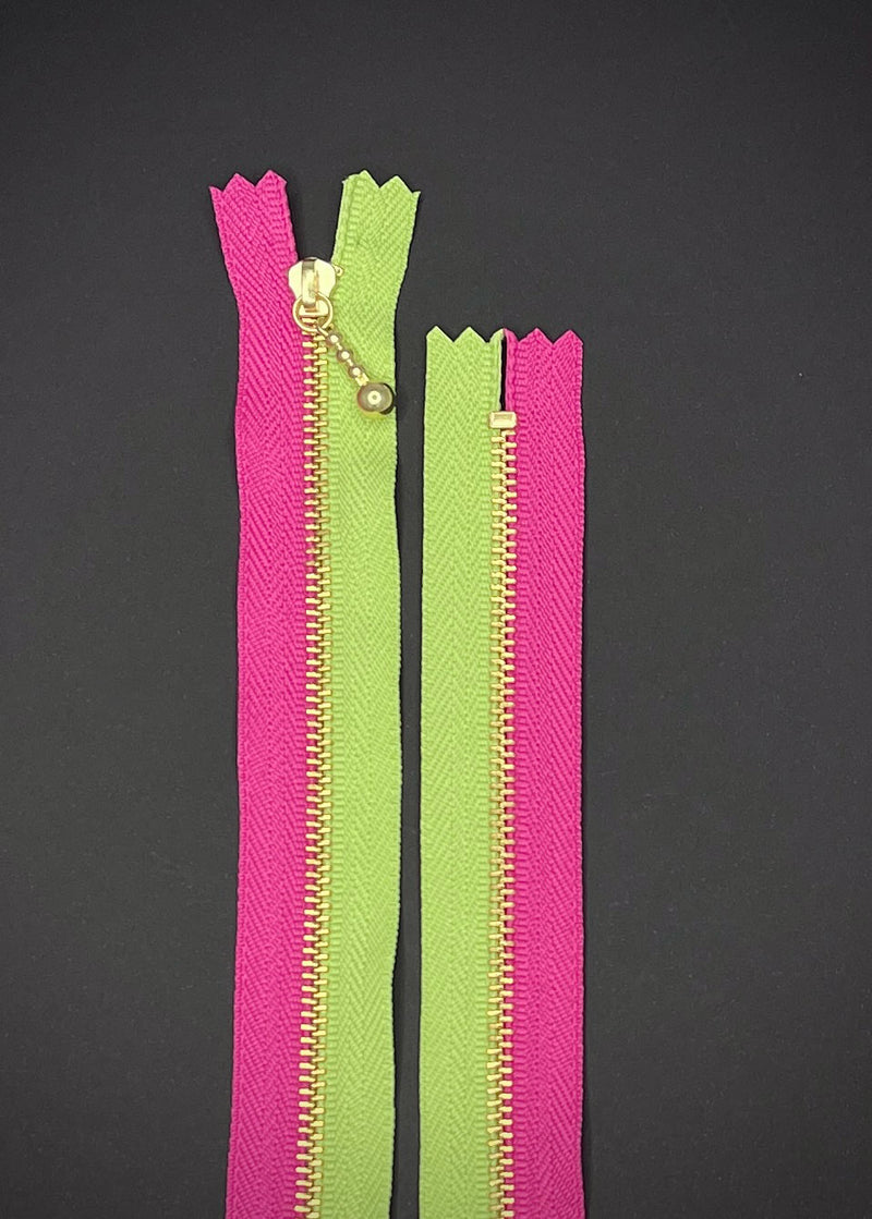 YKK Two Colour Brass Zip with Ball Pull, Fuschia + Lime