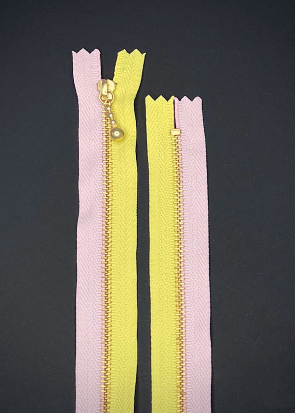 YKK Two Colour Brass Zip with Ball Pull, Powder Pink + Lemon