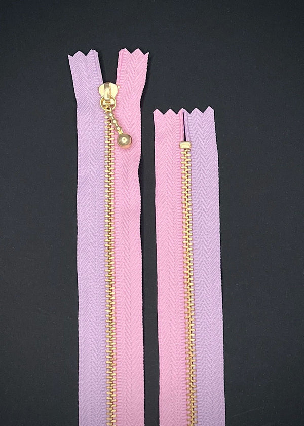 YKK Two Colour Brass Zip with Ball Pull, Lilac + Pink