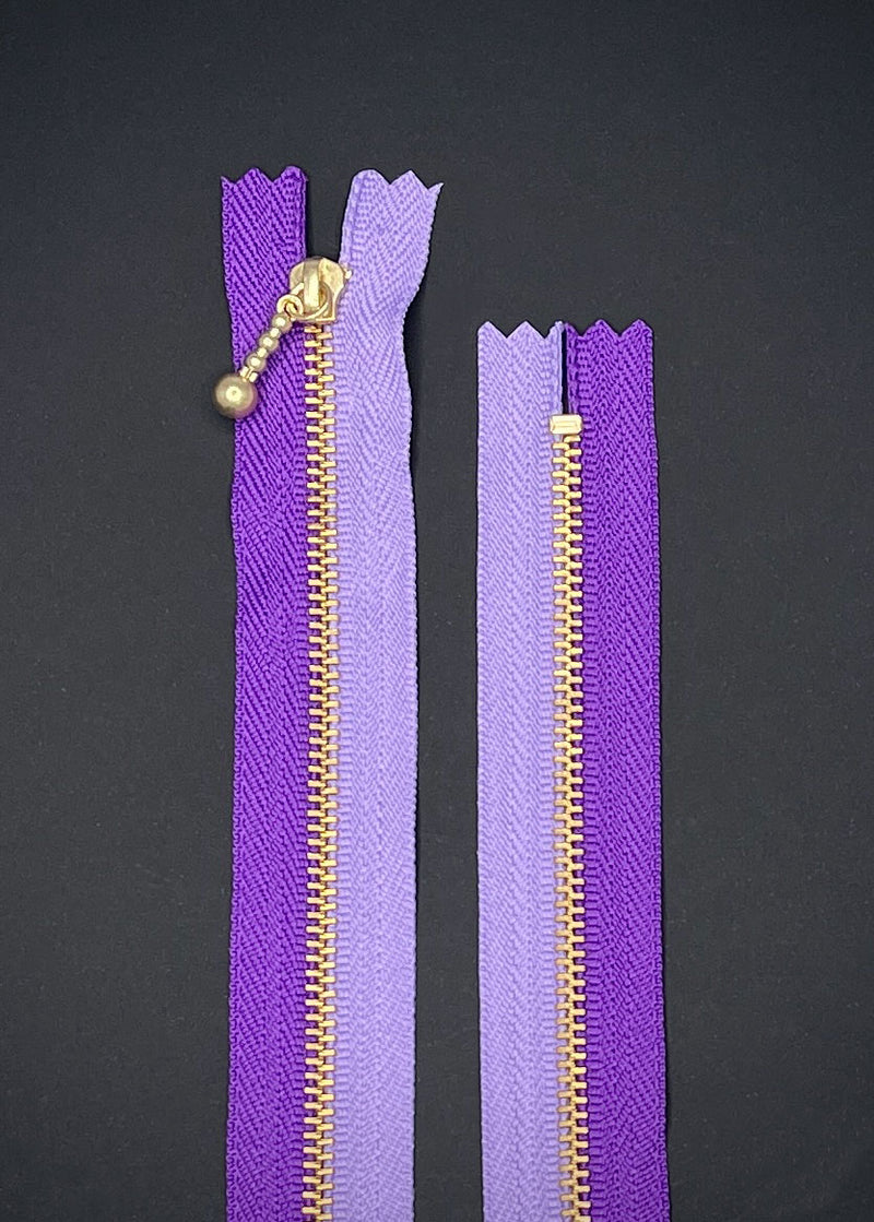 YKK Two Colour Brass Zip with Ball Pull, Purple + Lavender