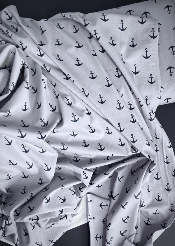 Anchors Away! Grey. Cotton Jersey Fabric