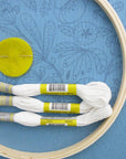 Embroidery hoop with thread and a yellow felt circle on a blue floral fabric background