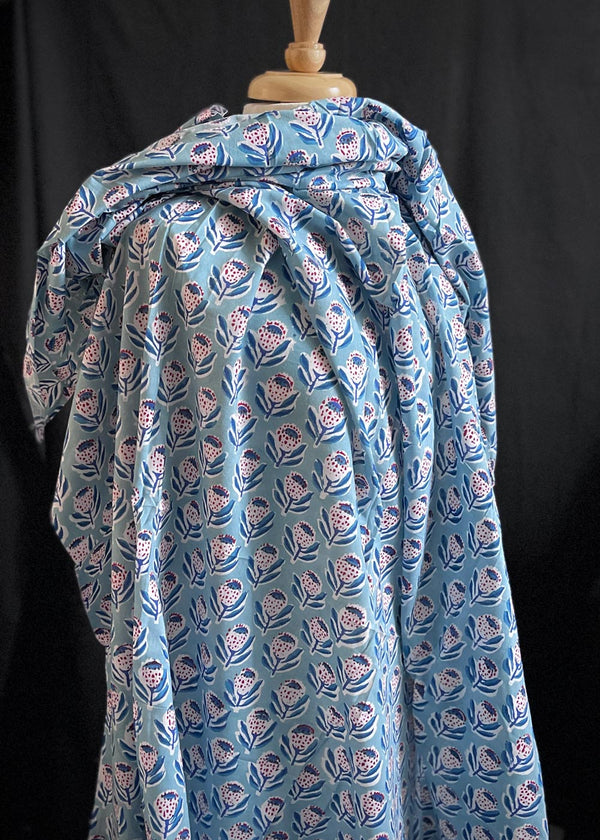 Hand Printed Cotton - Protea, Sky Blue