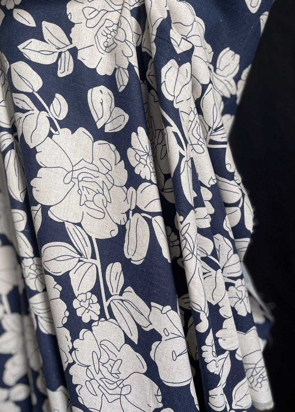 Agatha, Navy. Viscose Linen Floral