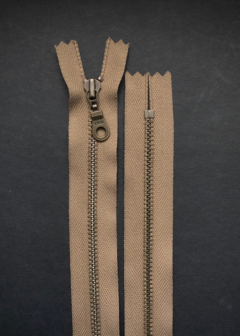 YKK Antique Brass Zip with Donut Pull, Taupe