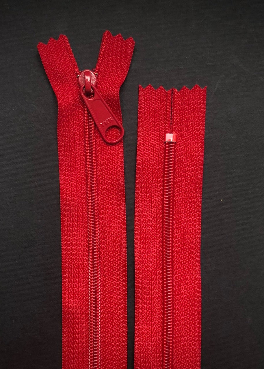 YKK Long Pull Closed End Zip, Scarlet Red