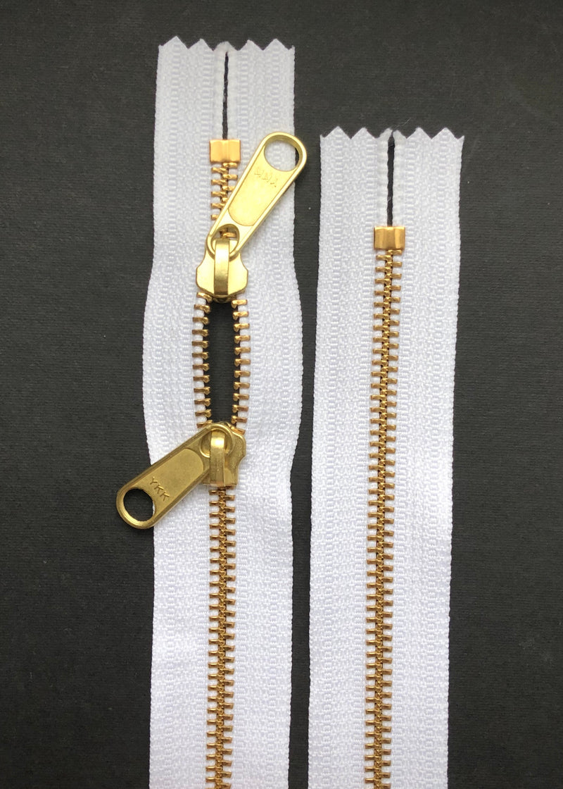 YKK Brass Zip with Double Long Pull, White