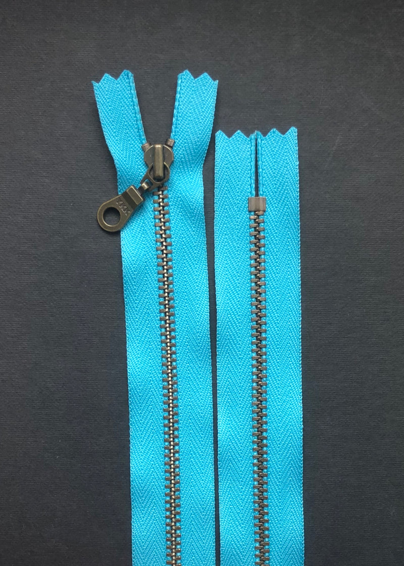 YKK Antique Brass Zip with Donut Pull, Parrot Blue