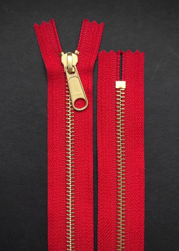 YKK Brass Zip with Long Pull, Red. 30cm