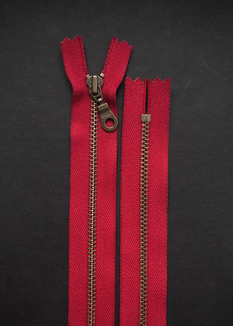 YKK Antique Brass Zip with Donut Pull, Cranberry Red