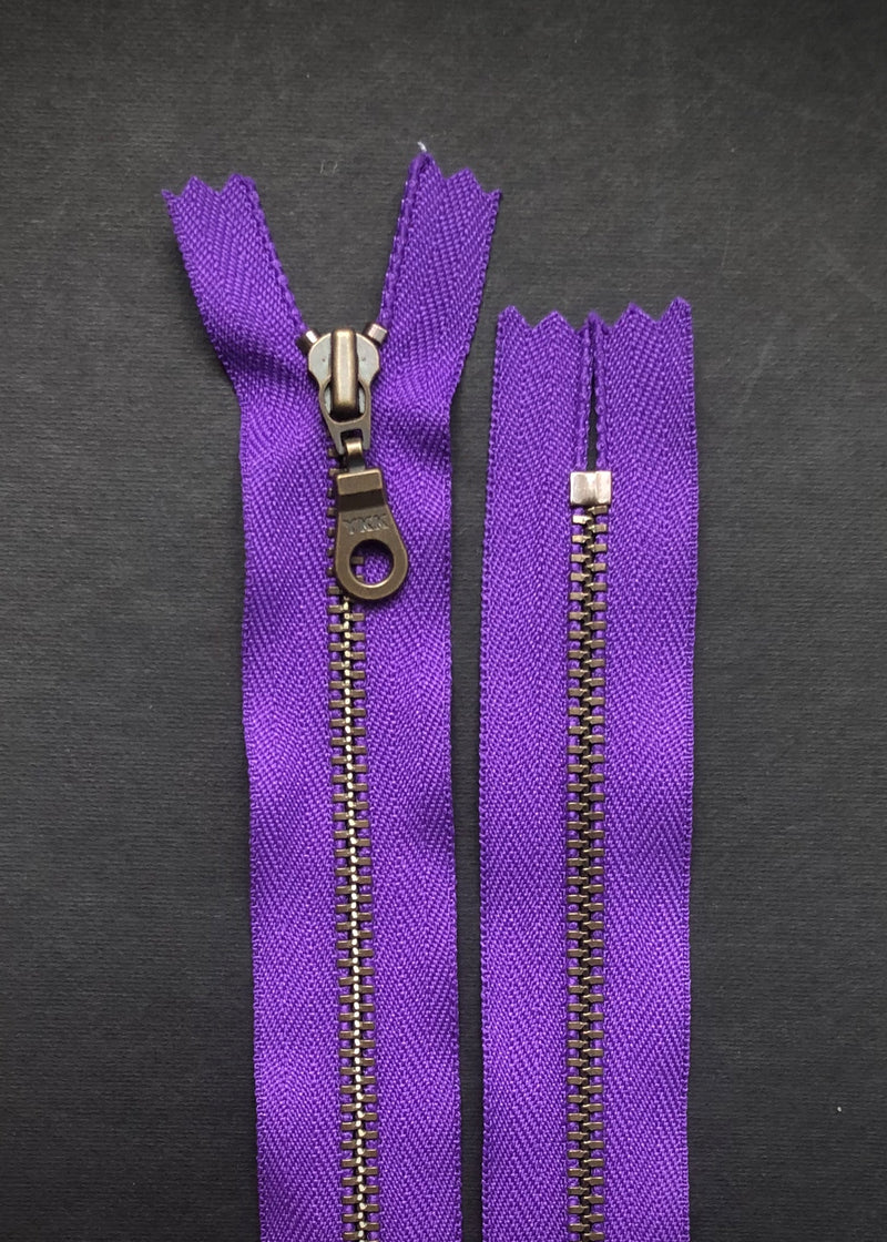 YKK Antique Brass Zip with Donut Pull, Purple