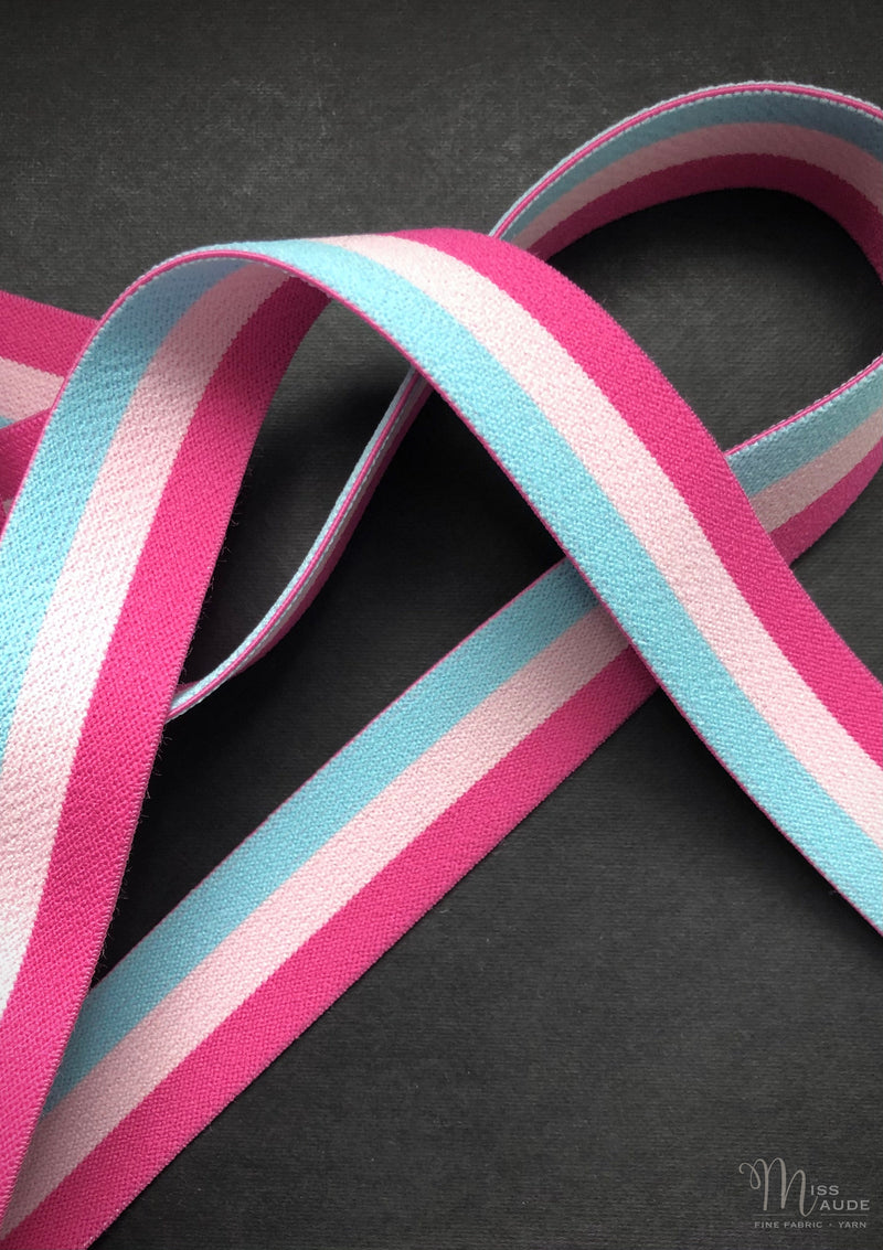 25mm Wide Elastic - Pink + Blue Stripe
