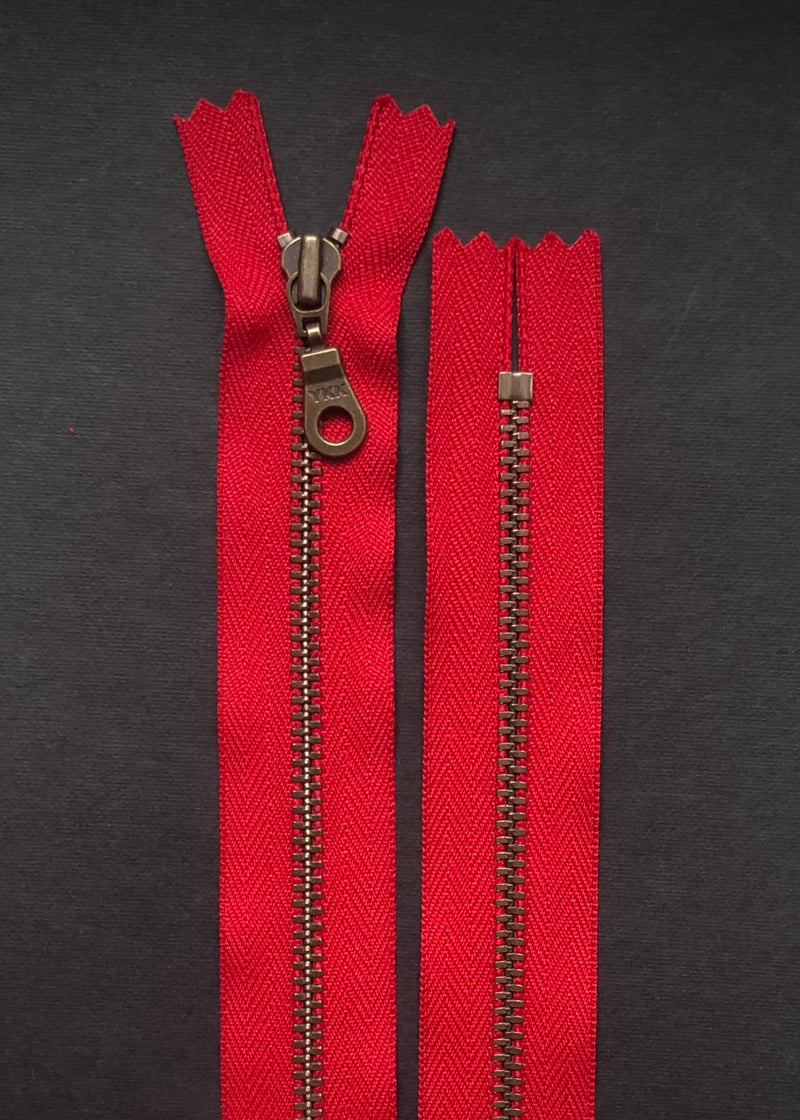 YKK Antique Brass Zip with Donut Pull, Scarlet Red
